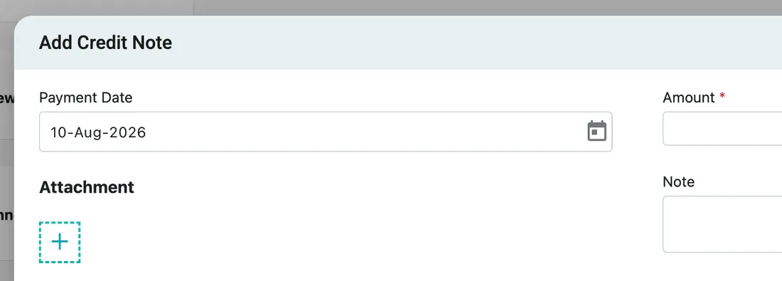 The Add Credit Note window with Payment Date, Amount, Note and Attachment