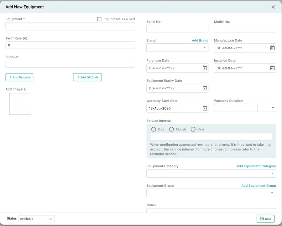 The Add New Equipment form: identity and images on the left, dates, warranty, service interval and grouping on the right