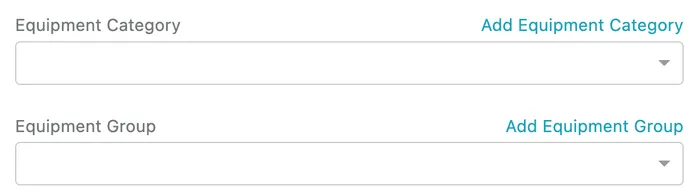 Equipment Category and Equipment Group, each with a link to add a new one