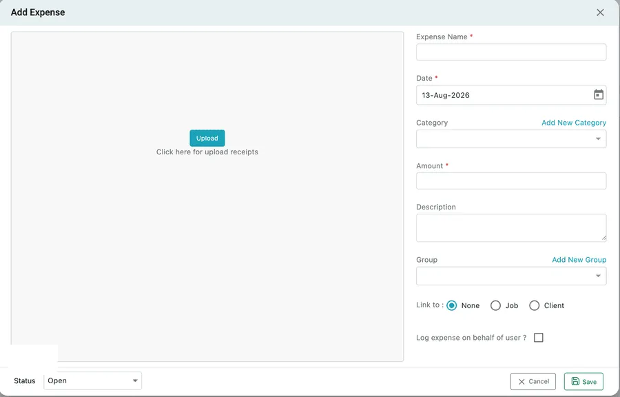 The Add Expense window: a receipt upload panel on the left, and fields for name, date, category, amount, description, group, what the claim links to and whether it is being logged for somebody else