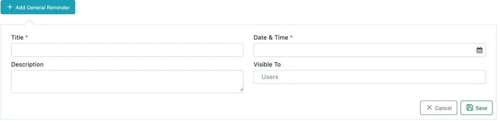 The Add General Reminder form: Title, Date and Time, Description and Visible To