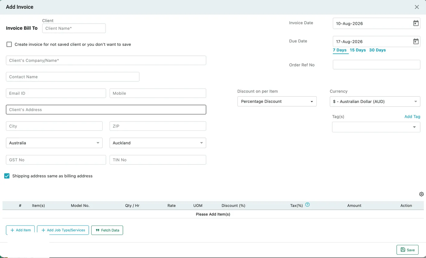The Add Invoice window: Invoice Bill To on the left, dates and terms on the right, and an empty item grid below