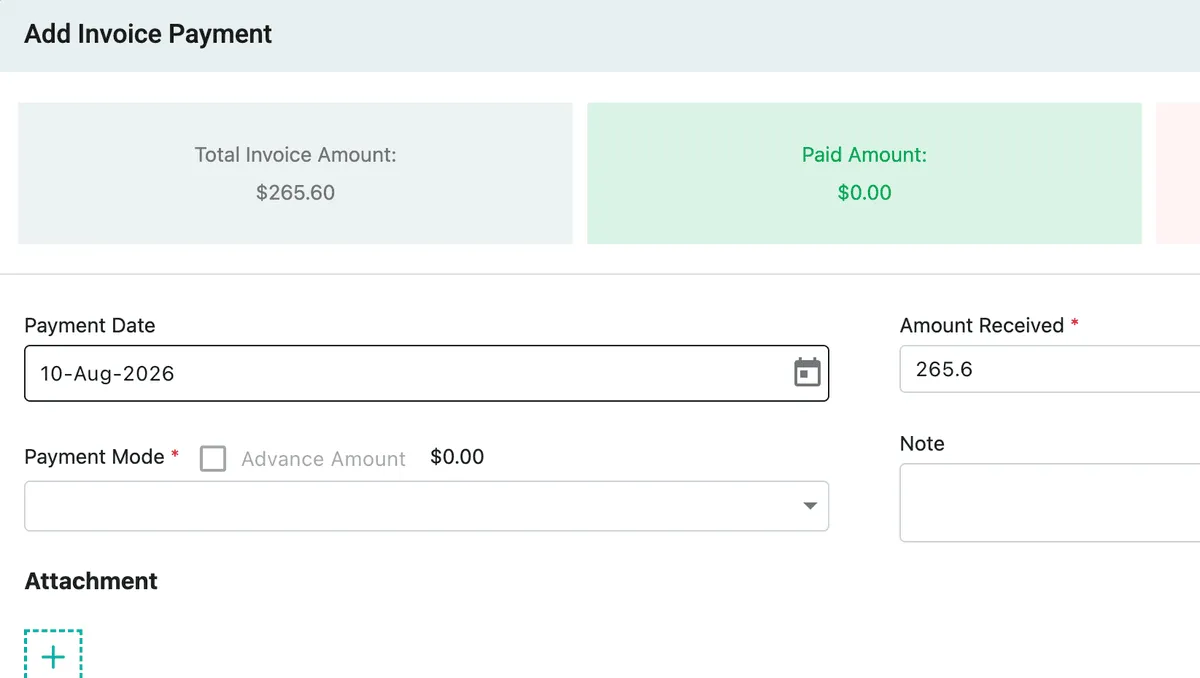 The Add Invoice Payment window: Total Invoice Amount, Paid Amount and Due Amount above the payment fields, with Advance Amount and Send payment receipt