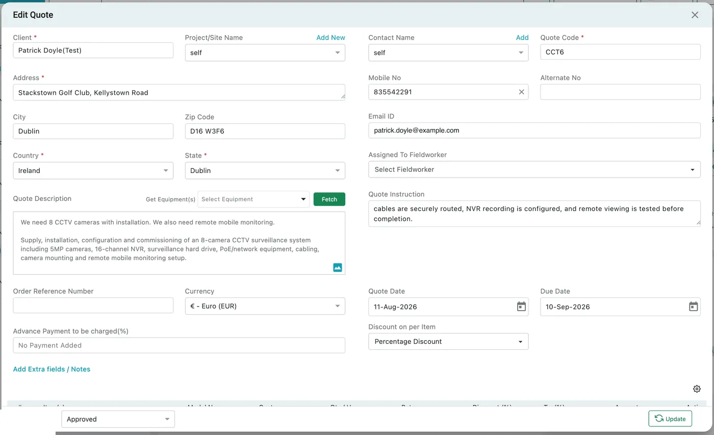 The quote form: client and site on the left, contact, quote code, dates and terms on the right
