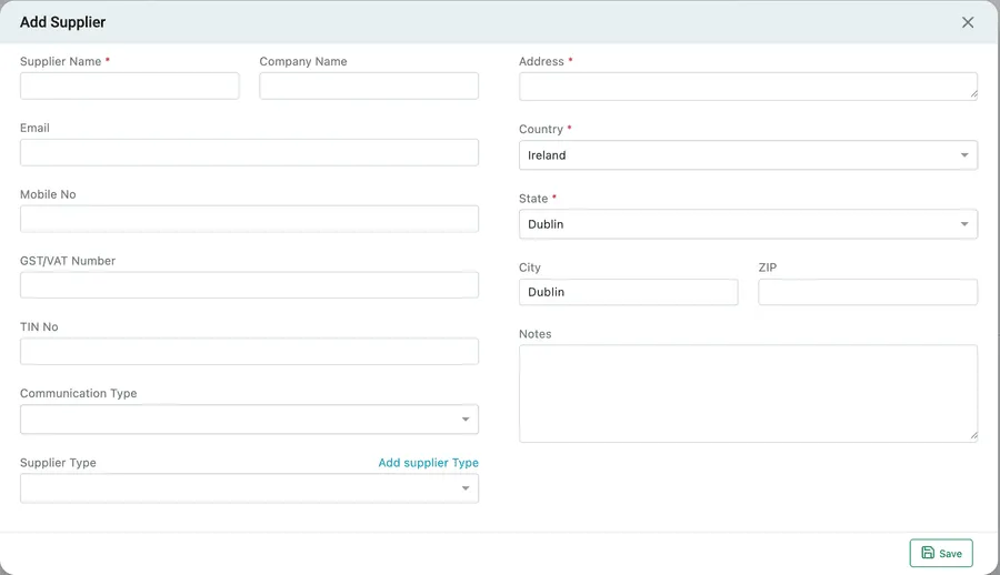 The Add Supplier form: name and company, contact details, tax numbers, communication and supplier type on the left, address and notes on the right