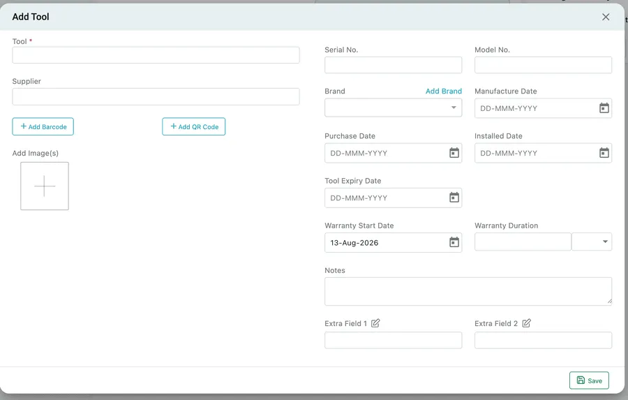 The Add Tool form: name, supplier, barcode and QR code, images, serial and model numbers, brand, dates, warranty, notes and two extra fields