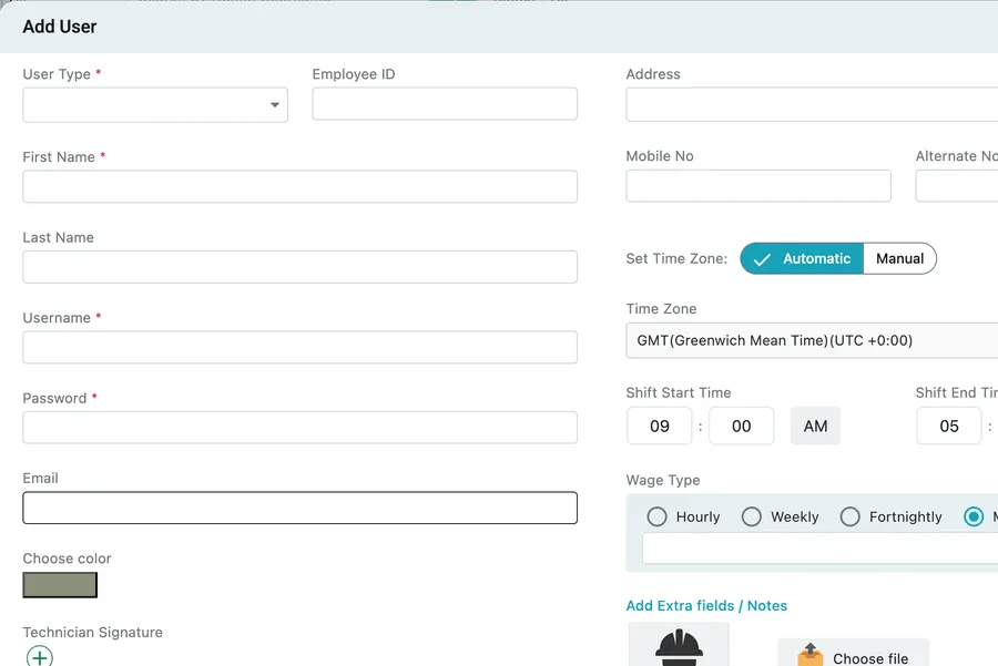 The Add User form: identity down the left, work details down the right