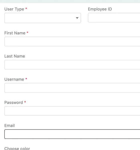 The left side of the form: user type, first and last name, username, password, email, colour and technician signature