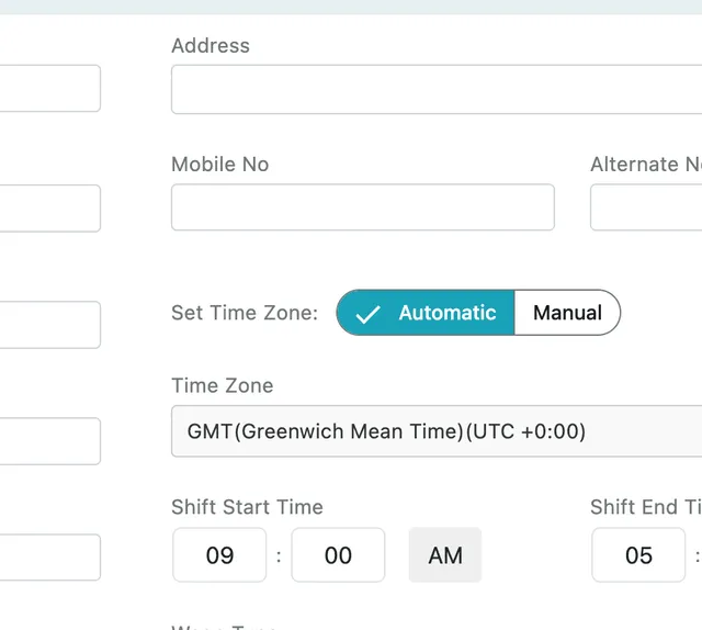 The right side of the form: employee id, address, contact numbers, time zone and shift times