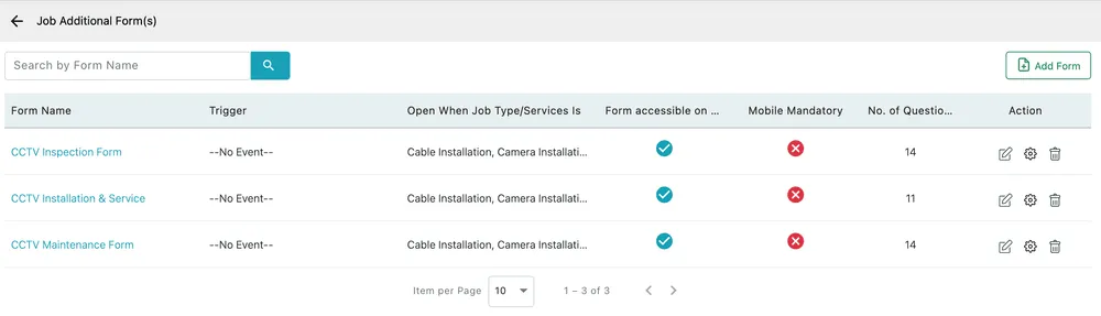 The Job Additional Form(s) list: three forms with their trigger, the job types that open them, whether they are accessible on the app, whether they are mandatory on mobile, and how many questions each has