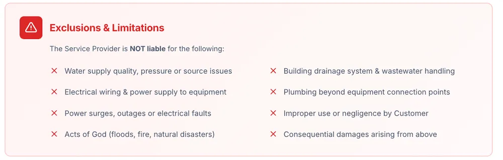 An Exclusions and Limitations block listing what the service provider is not liable for