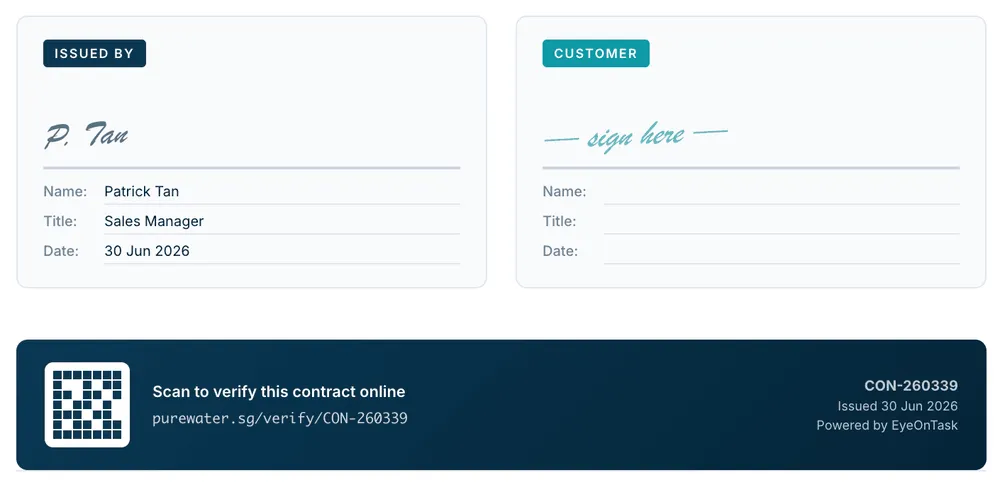 Signature blocks for the issuer and the customer, and a footer with a QR code to verify the contract online