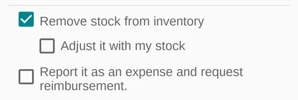The tick boxes at the foot of Add Item: Remove stock from inventory, ticked, with Adjust it with my stock beneath it, and Report it as an expense and request reimbursement