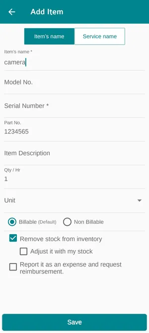 The app's Add Item screen: Item's name and Service name tabs, name, model, serial and part numbers, description, quantity and unit, Billable or Non Billable, and three tick boxes above Save