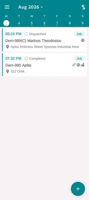 The app calendar on 3 Aug 2026: a week strip with dots under the days that have work, and two jobs listed below — one Dispatched, one Completed