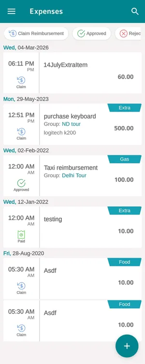 The app's Expenses screen: Claim Reimbursement, Approved and Rejected filters across the top, claims grouped by date with their category, group and amount, and a Claim, Approved or Paid state on each