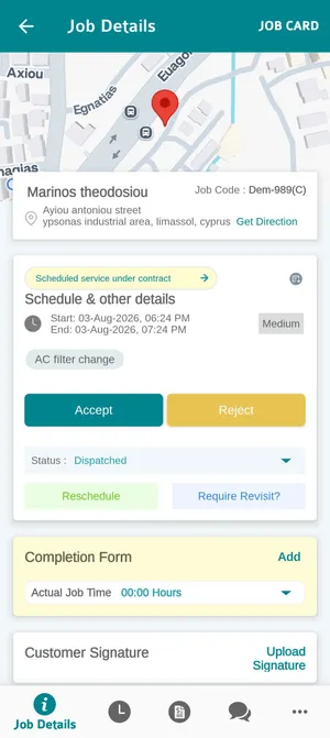 A dispatched job on the fieldworker's phone, with Accept and Reject buttons above the status and the completion form