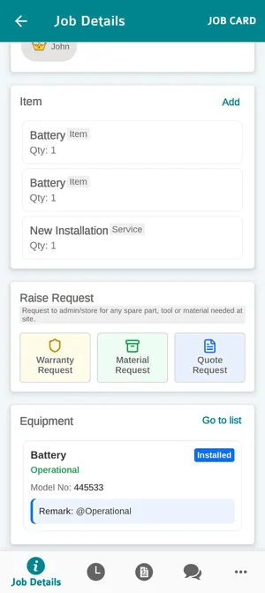 Job Details lower down: the Equipment panel with a Battery card marked Installed and Operational, its model number and last remark, and a Go to list link