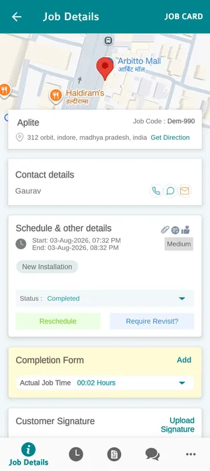 The app's Job Details screen: a map with the site pinned, the client and job code with Get Direction, contact details with call, chat and email buttons, then Schedule & other details with the times, priority, job type and status
