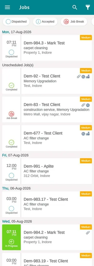 The app's Jobs list with Dispatched, Accepted and Job Break filter chips across the top, an Unscheduled Job(s) group, and job cards showing status, code, client, job type and address