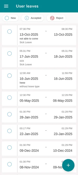 The app's User leaves screen: New, Accepted and Reject filters, then each request with its start and end date and time, the reason and the leave type