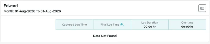 The Check In / Check Out report: the month it covers, then Captured Log Time, Final Log Time, Log Duration and Overtime