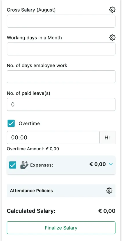 The salary panel: Gross Salary, Working days in a Month, days worked, paid leave, overtime, expenses, and Calculated Salary with the Finalize Salary button
