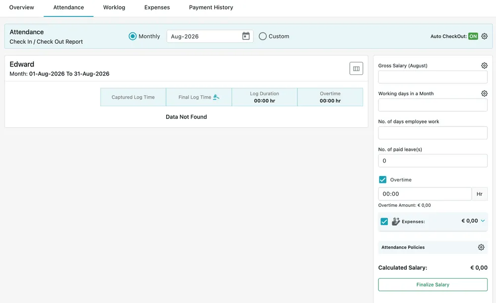 The Attendance tab: the Check In / Check Out report on the left and the salary panel on the right
