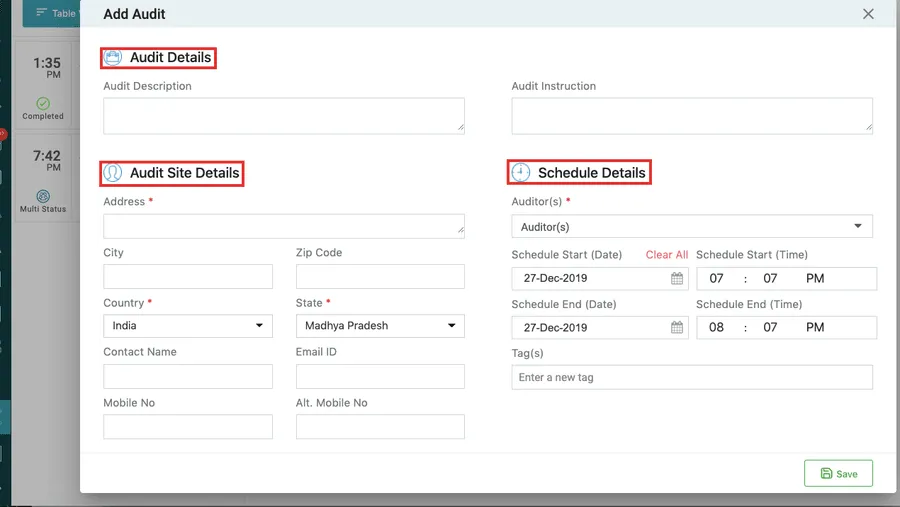 The Add Audit form with its three sections marked