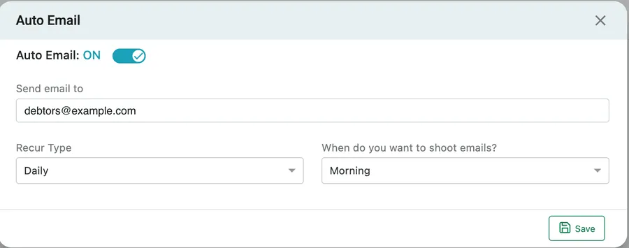The Auto Email dialog: the Auto Email ON switch, Send email to, Recur Type set to Daily, When do you want to shoot emails? set to Morning, and Save