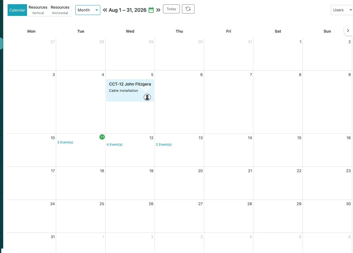 Simple Calendar in Month view: a month grid with one strip on the 5th and days showing "3 Event(s)", "4 Event(s)" and "2 Event(s)" as links, today circled