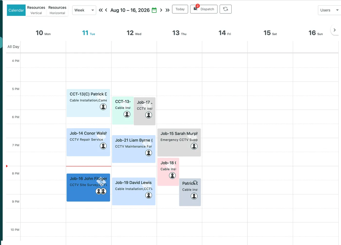 Simple Calendar in Week view: an All Day row, hours down the side, the seven dates across the top, and coloured strips of work sitting in their hours