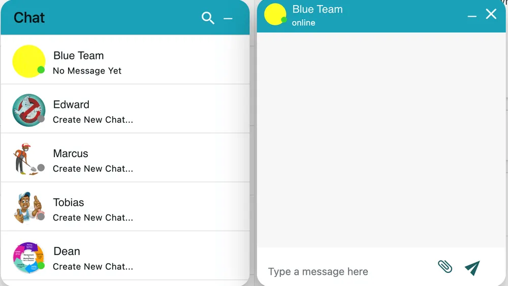 The Chat panel: the list of people on the left, and an open conversation beside it