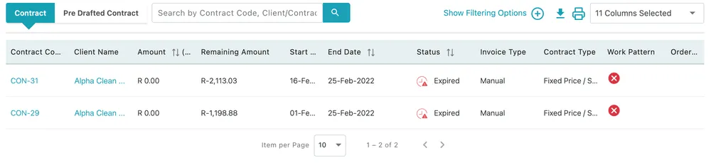 The Contract History tab: the Contract and Pre Drafted Contract sub-tabs above a table of agreements