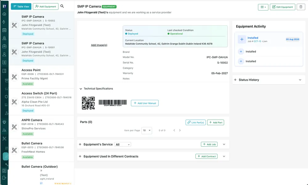 The equipment page: status and current location, identifying details, technical specifications, parts, and the service, contracts and fieldworker sections