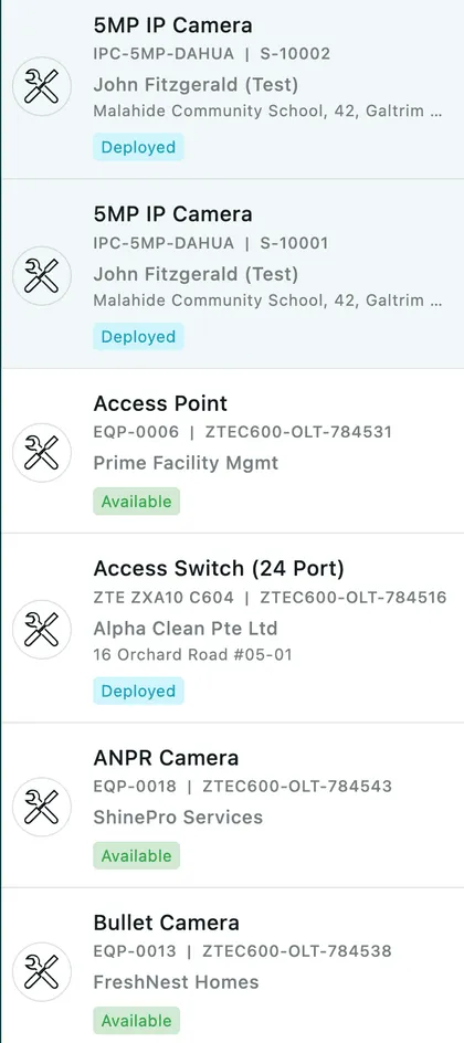 The client equipment list: each unit with model and serial numbers, the client's name, the site address and the current status