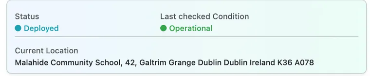 The status card: Status Deployed, Last checked Condition Operational, and the full site address as Current Location
