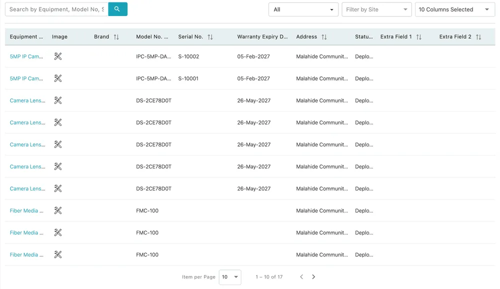 The Equipment(s) tab: a search box, an All filter, Filter by Site, and the table of the client's units