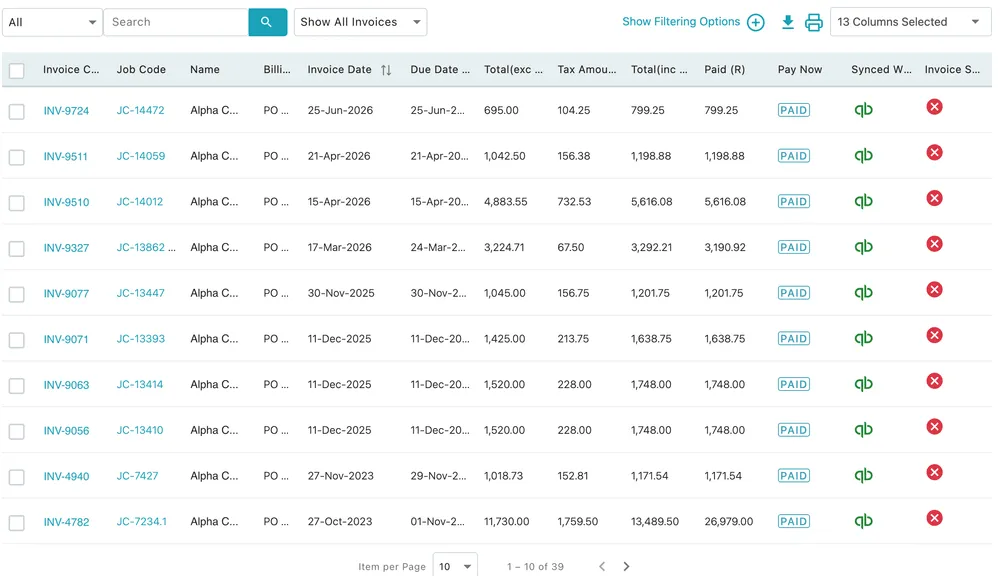 The invoice table: one row per invoice, with dates, totals, the payment state and the sync and sent columns