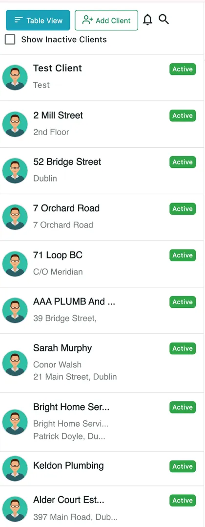 The client list: a toolbar at the top, then one card per client with their name, site and status