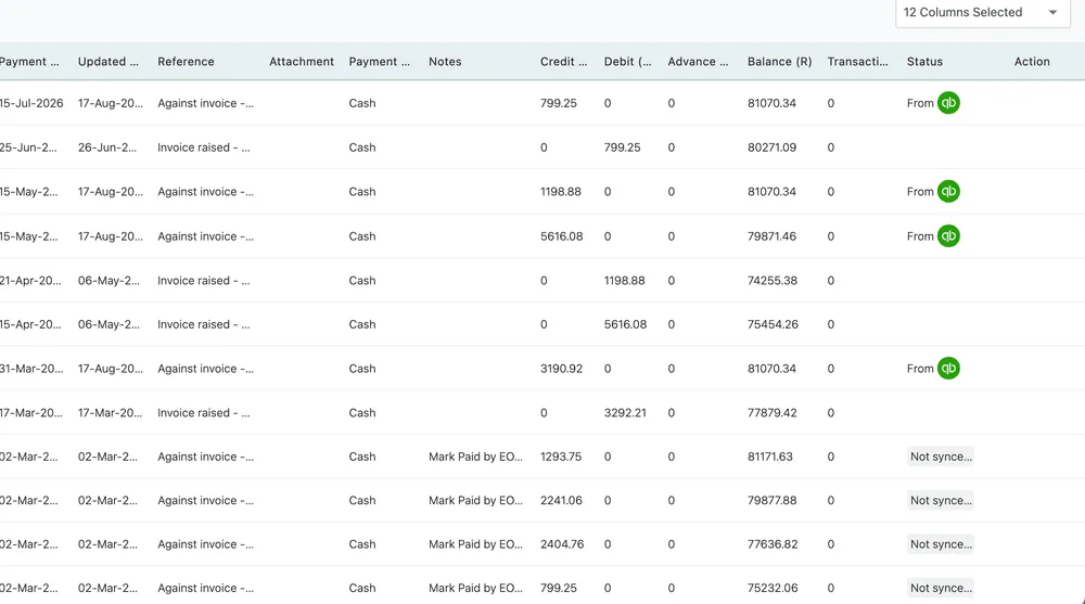 The payment ledger: one row per movement, with credit, debit, advance, running balance and sync status