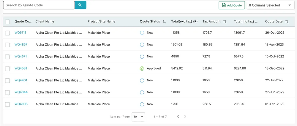 The Quotation tab: a quote code search, Add Quote, and the table of quotes with their statuses and totals