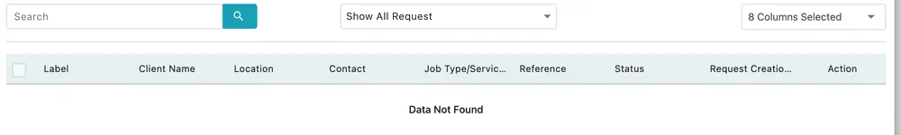 The Request History tab: search, a status filter, the column picker and the table headings