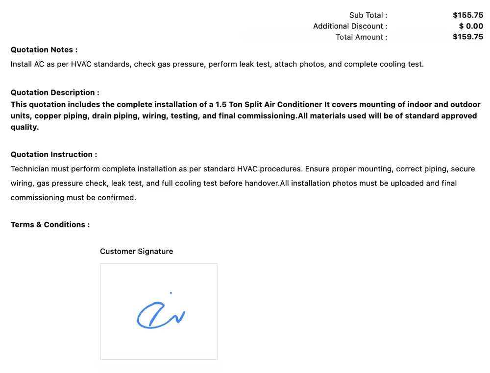 The signed quotation: totals, Quotation Notes, Description, Instruction and Terms, with the client's signature under Customer Signature