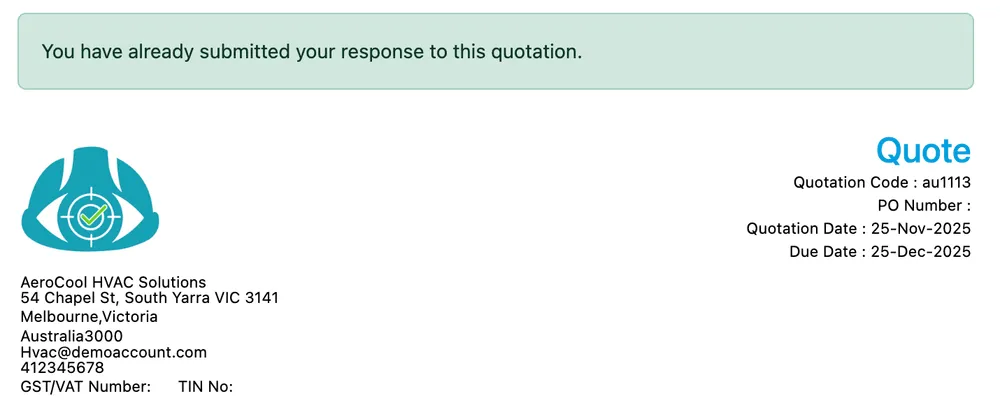 The client's copy after submitting, headed by a banner saying the response has already been submitted
