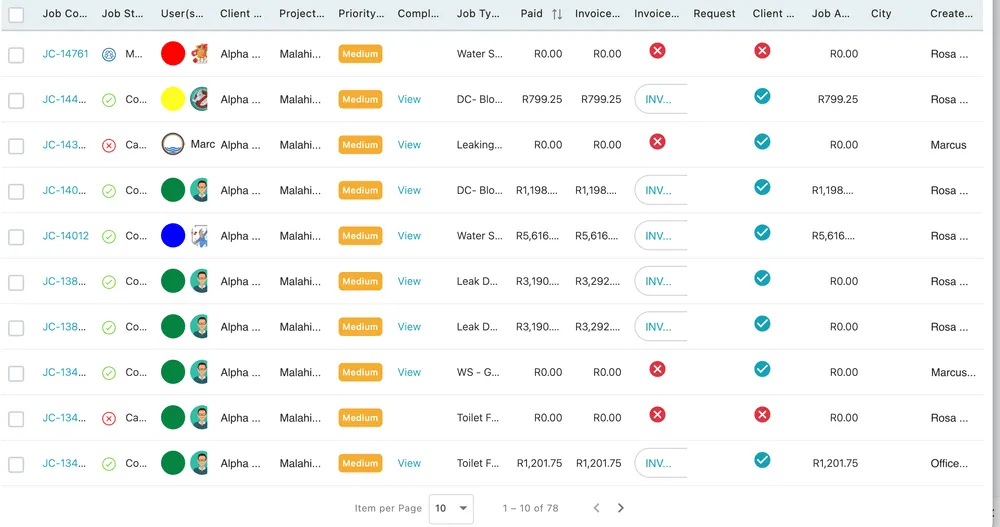 The Work History table: one row per job, with codes, status, assignee, money and the linked invoice
