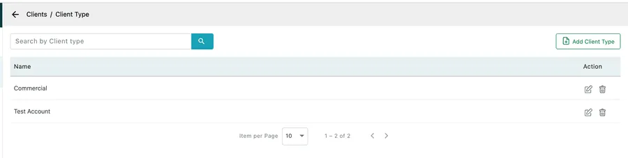 The Client Type list showing Commercial and Test Account, with Add Client Type