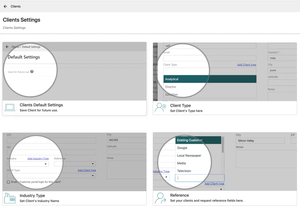 The Clients settings page with cards for Clients Default Settings, Client Type, Industry Type and Reference