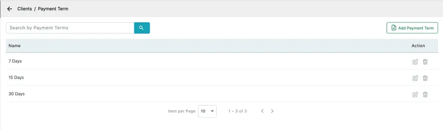 The Payment Term list showing 7 Days, 15 Days and 30 Days