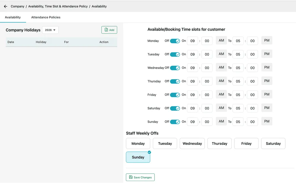 The Availability tab: Company Holidays on the left, Available/Booking Time slots for customer per weekday on the right, and Staff Weekly Offs below